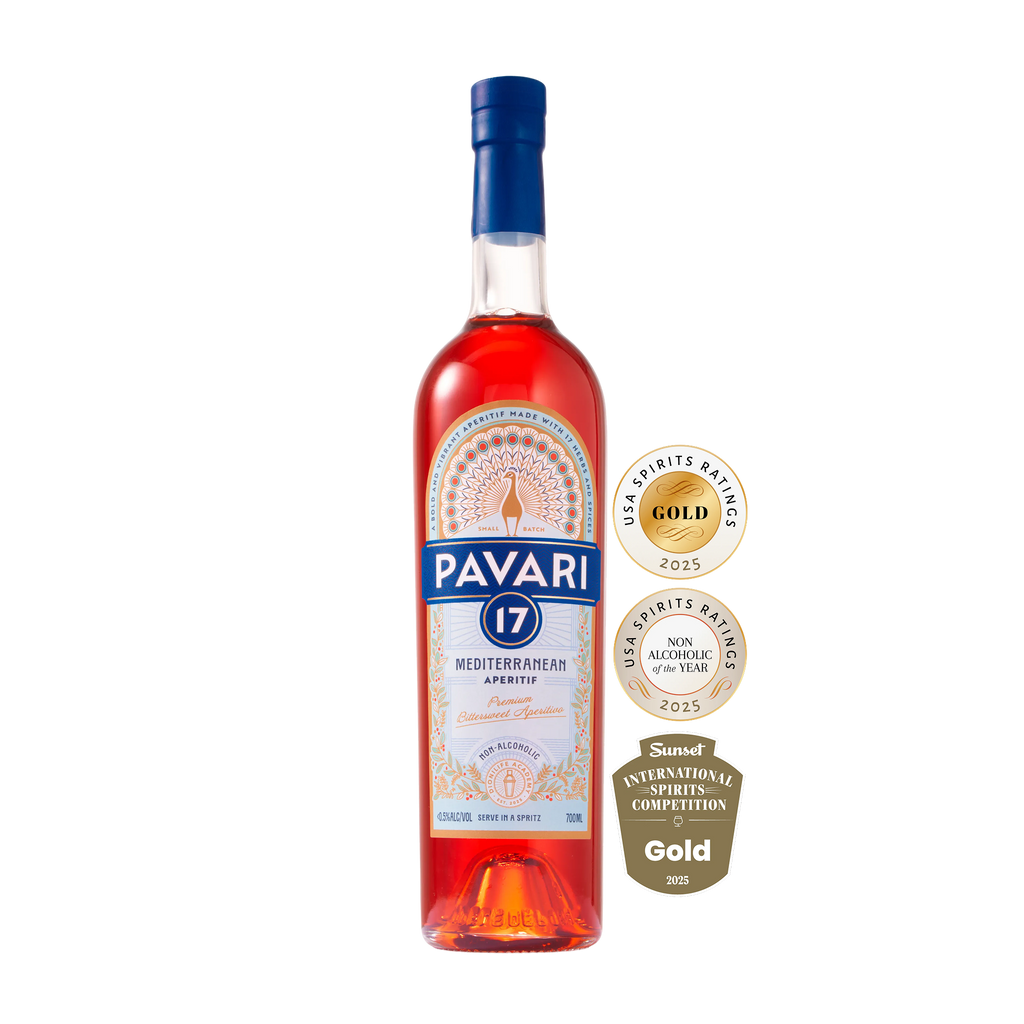 Bottle of Pavari 17 Mediterranean Brandy with gold medal awards on a white background
