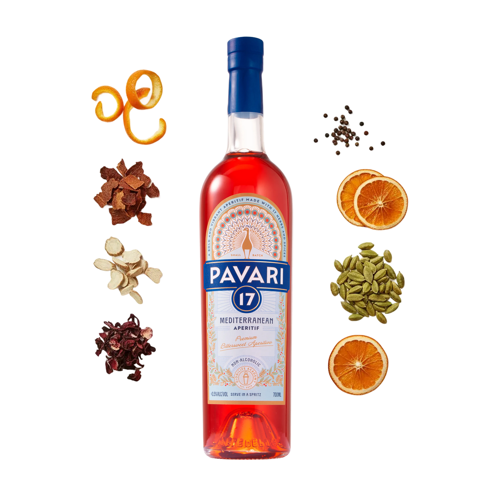 Bottle of Pavari 17 liqueur with spices and fruits on a white background