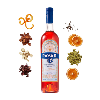 Bottle of Pavari 17 liqueur with spices and fruits on a white background