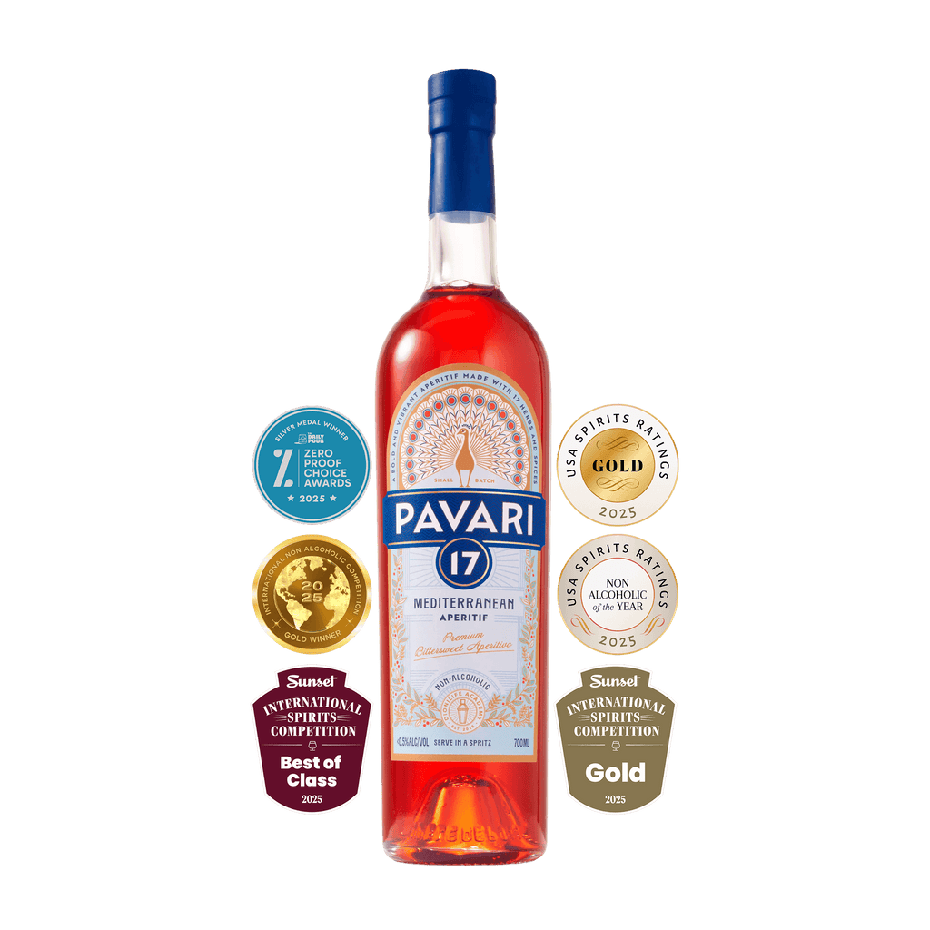 Bottle of Pavari 17 Mediterranean Vermouth with award badges on a black background